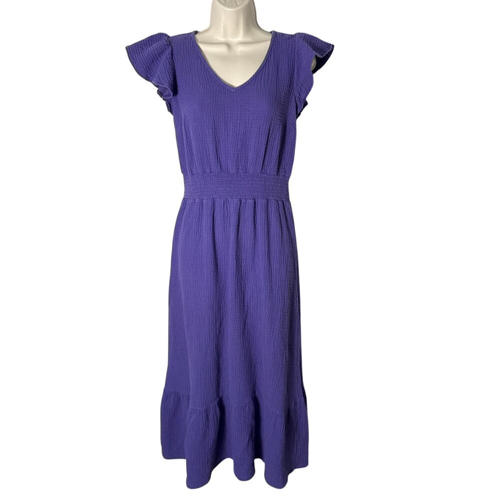 Vince Camuto Gauzy Smocked Waist Ruffled Midi Dress Purple Size S